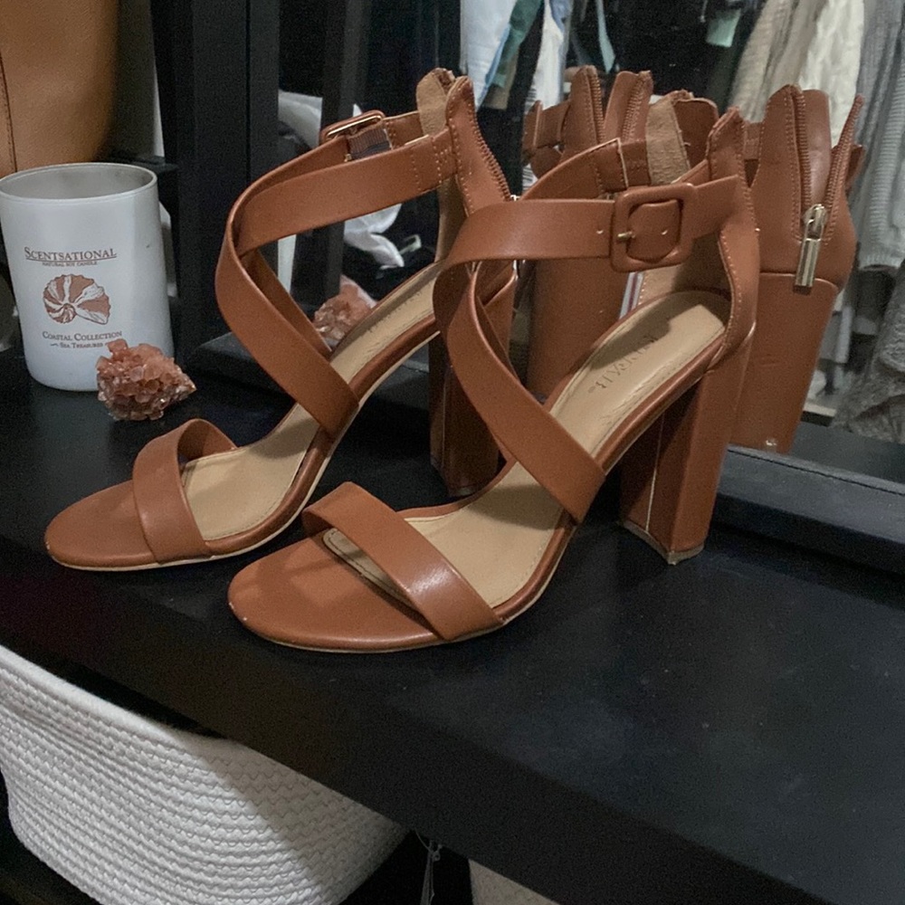 Cognac brown strappy block heeled sandals